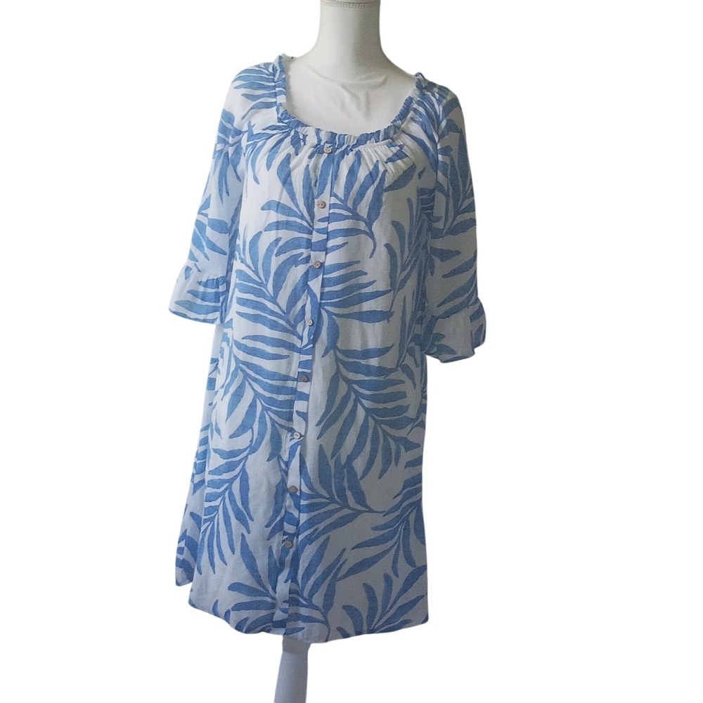 Naif Blue White Tropical Leaf Print Button Front Ruffle Sleeve Shift Dress M